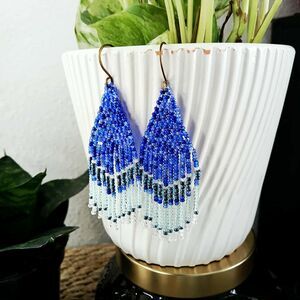 BOGO EARRINGS Blue Beaded Fringe Cascade Dangle Earrings, Seed Bead, Boho 4"